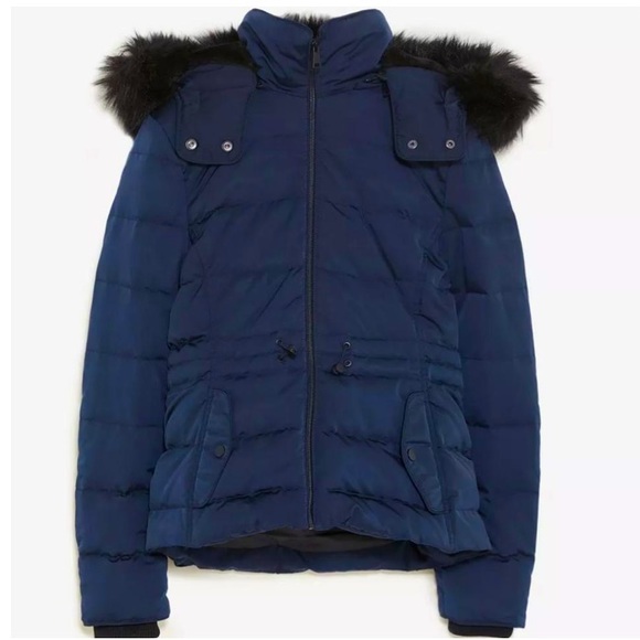 Jackets & Blazers - Zara Navy Blue Down Hooded Faux Fur Puffer Winter Jacket/Coat